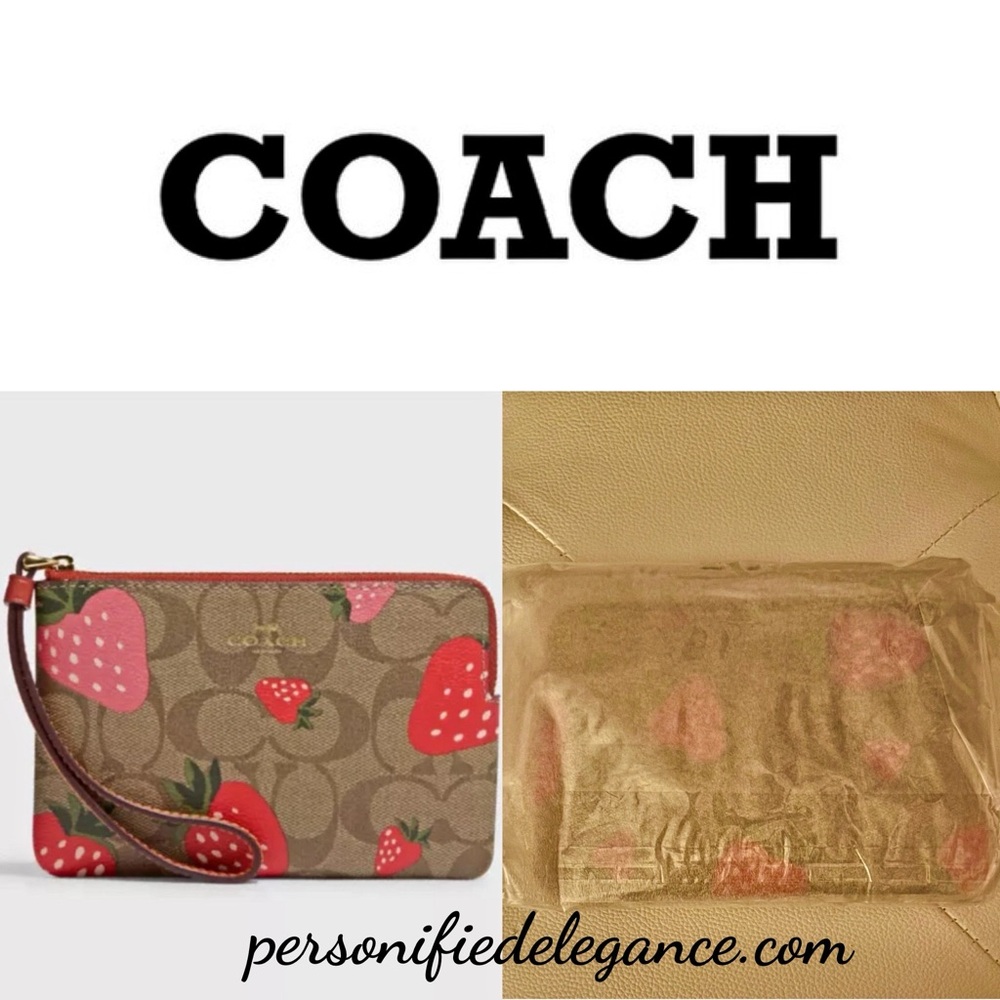 NEW Coach Signature Strawberry Print Khaki Coated Canvas Corner Zip Wristlet